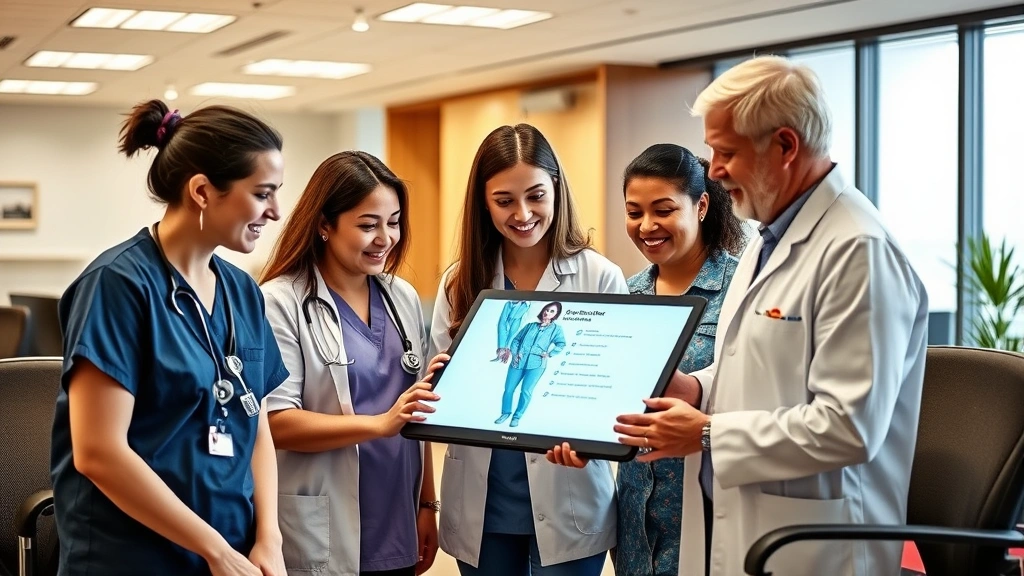 Diverse healthcare team in modern clinic setting including nurse, administrator, and therapist collaborating around digital display, contemporary office space, collaborative atmosphere