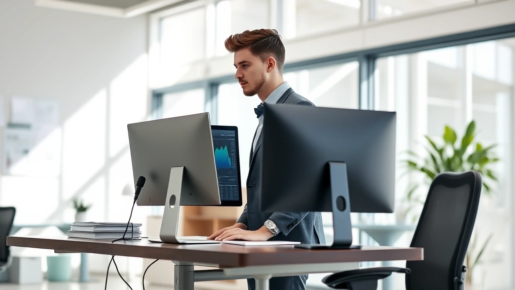 Young professional at standing desk in modern healthcare office setting reviewing data on computer monitor, natural light, professional business casual attire, focused work environment