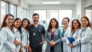 Professional healthcare team in modern Denver hospital setting, diverse doctors and nurses collaborating in bright clinical environment with medical equipment visible in background, confident expressions, natural lighting from windows