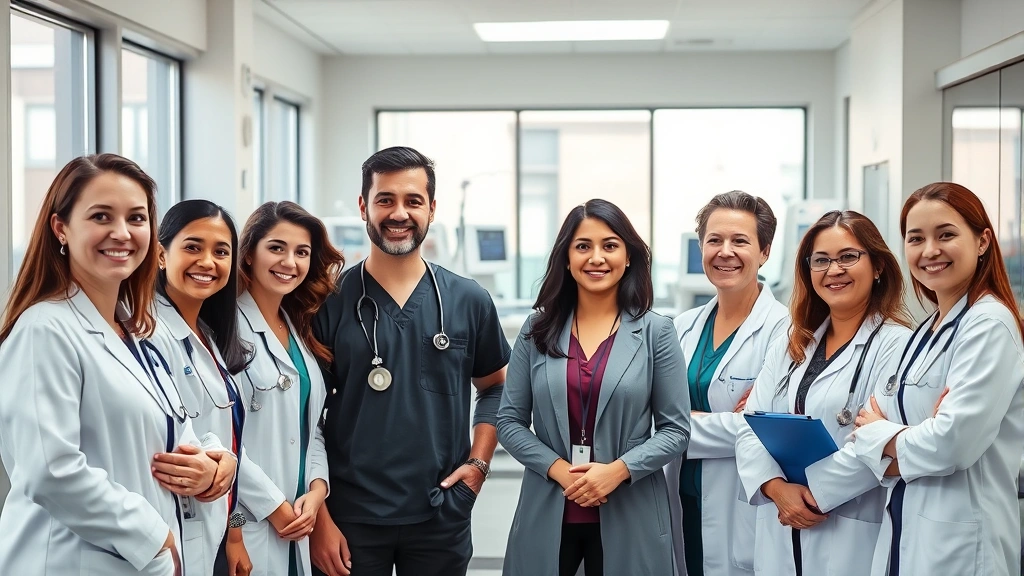 Professional healthcare team in modern Denver hospital setting, diverse doctors and nurses collaborating in bright clinical environment with medical equipment visible in background, confident expressions, natural lighting from windows