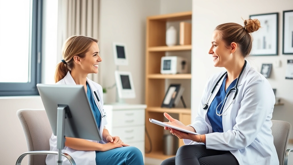 Female nurse practitioner or physician assistant consulting with patient in contemporary clinic room, warm compassionate interaction, modern medical technology visible, professional attire, welcoming healthcare space with natural light