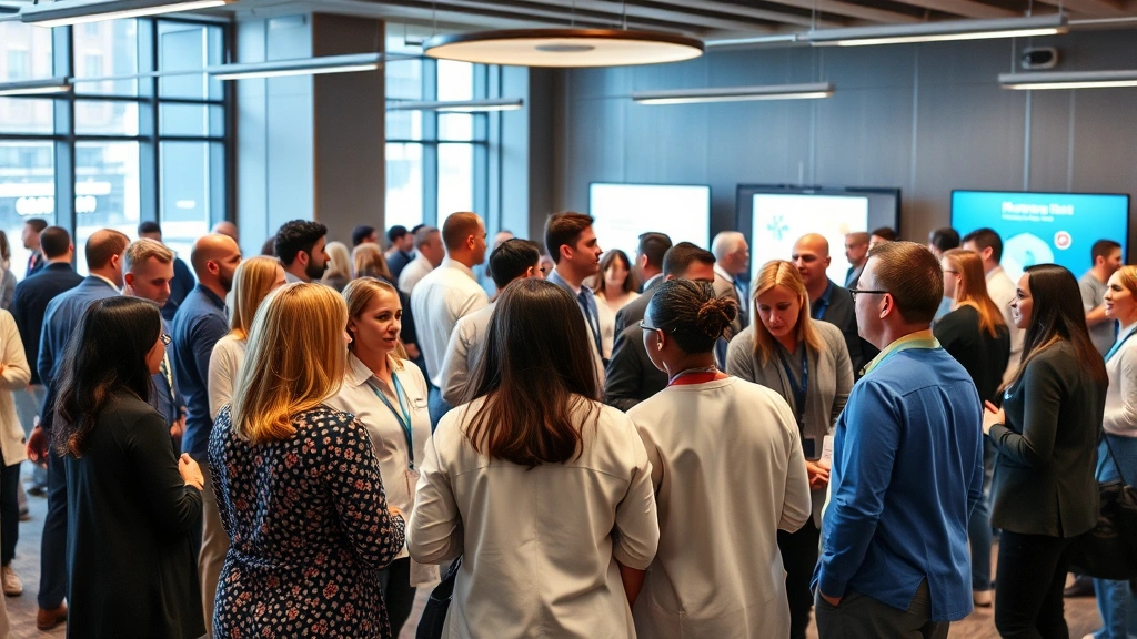 Group of healthcare professionals including therapists, administrators, and clinical staff networking at professional conference or healthcare event in Denver, diverse team, collaborative atmosphere, modern venue with professional setting