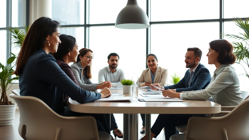 Professional diverse group of people in business casual attire sitting around a modern conference table, reviewing financial documents and charts, bright natural lighting from large windows, contemporary office setting with plants