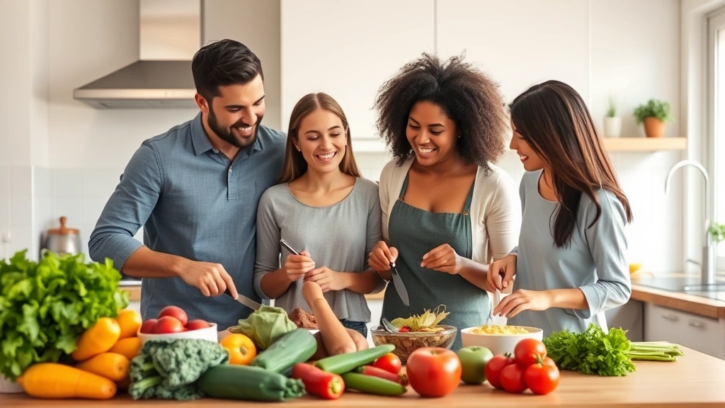Family of four in a modern kitchen preparing a healthy meal together, fresh vegetables and fruits on counter, warm natural lighting, smiling and engaged, representing wellness and health as wealth