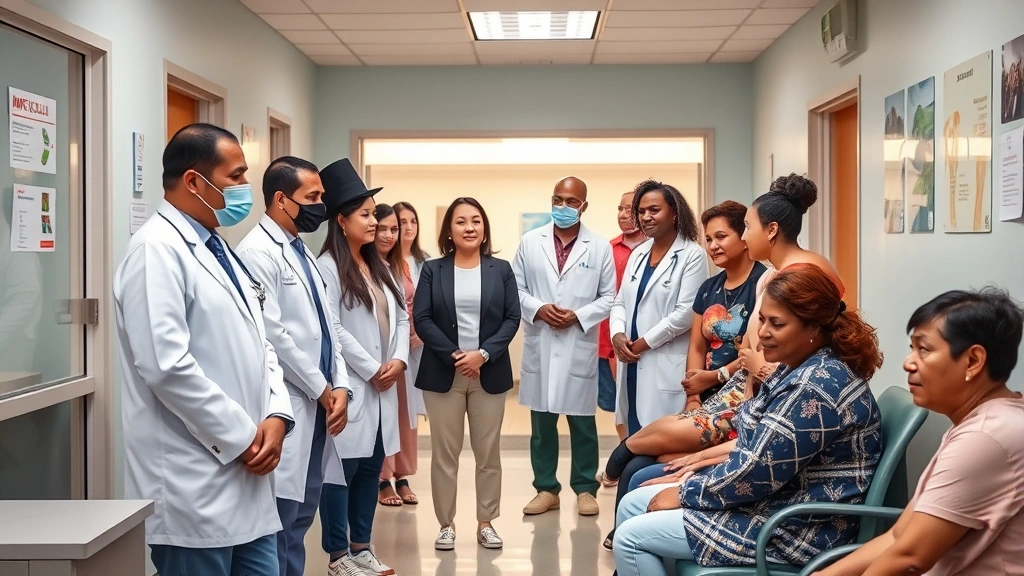 Diverse community members volunteering at a health clinic, healthcare professionals in white coats assisting patients, welcoming clinic interior with people of various ages, representing community health and collective wellness