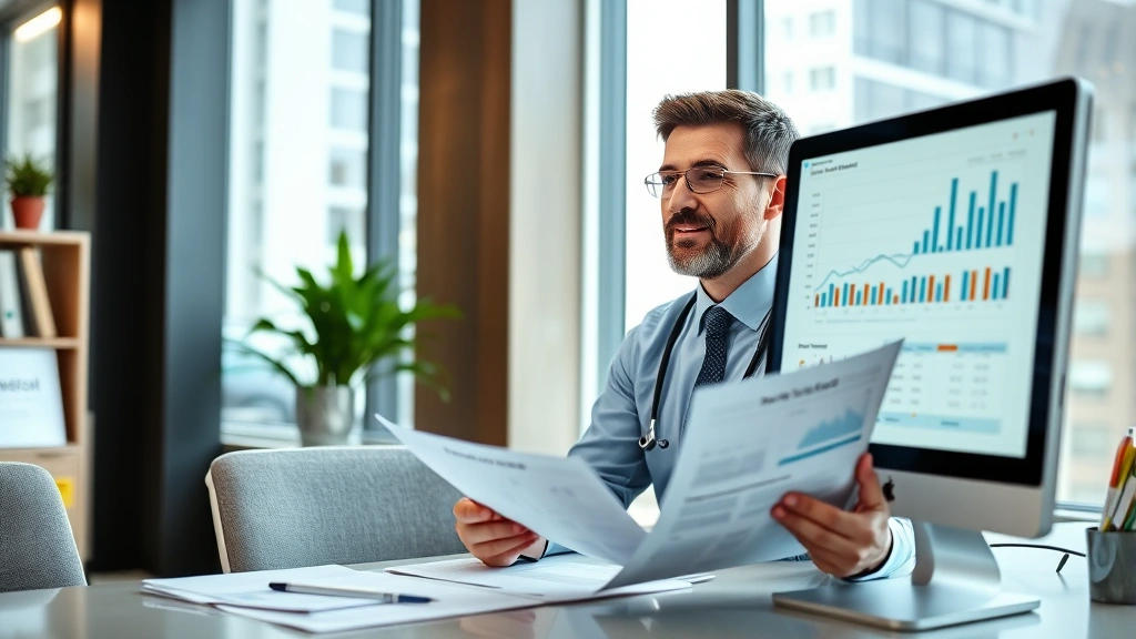 Professional healthcare worker in modern office reviewing financial documents and investment portfolio on computer screen, confident expression, natural lighting from window, contemporary workspace with charts and financial data visible on desk