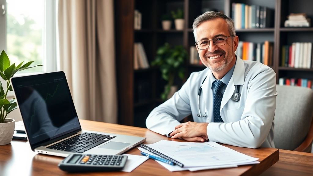 Healthcare professional at home office with laptop showing investment portfolio growth, calculator and financial planning documents on desk, satisfied expression, warm professional environment with bookshelf background