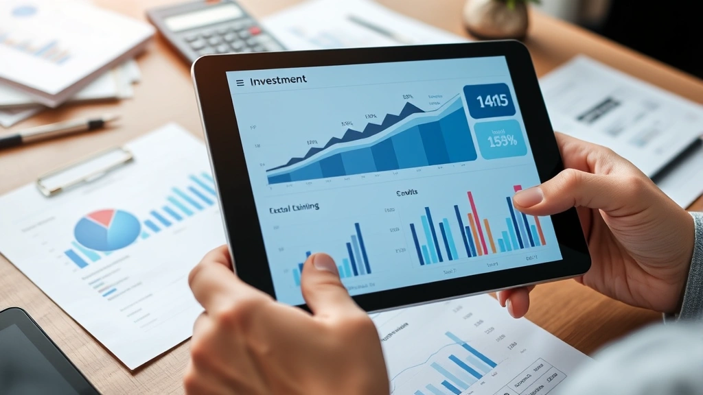 Close-up of hands holding tablet showing investment dashboard with upward growth charts, calculator, and financial documents on wooden desk, professional atmosphere