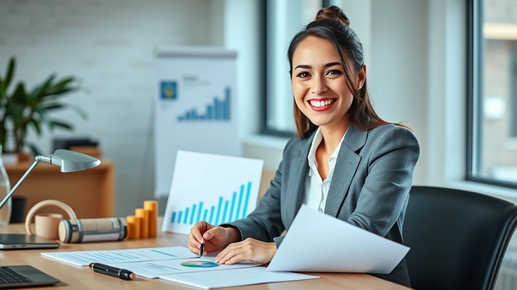 Successful professional woman in business attire smiling confidently at desk with growth charts, financial documents, and success symbols, natural office lighting, optimistic mood