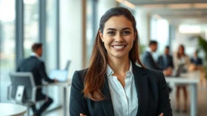 Professional woman in business attire smiling confidently in modern office environment with blurred colleagues working in background, natural lighting, sophisticated corporate setting