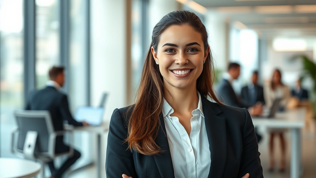 Professional woman in business attire smiling confidently in modern office environment with blurred colleagues working in background, natural lighting, sophisticated corporate setting
