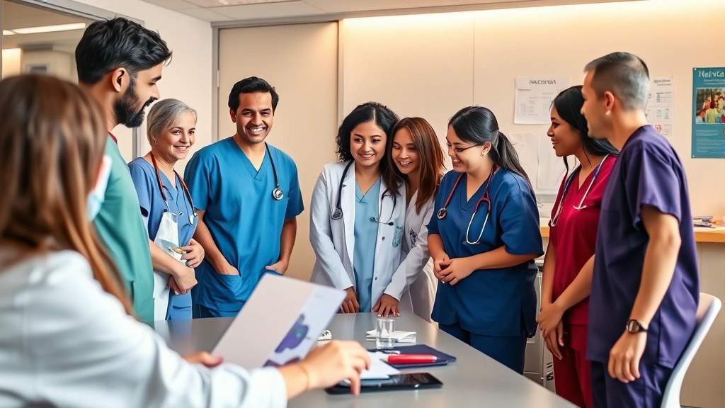 Diverse group of healthcare professionals in clinical setting collaborating during team meeting, wearing scrubs and professional attire, warm lighting emphasizing teamwork and trust