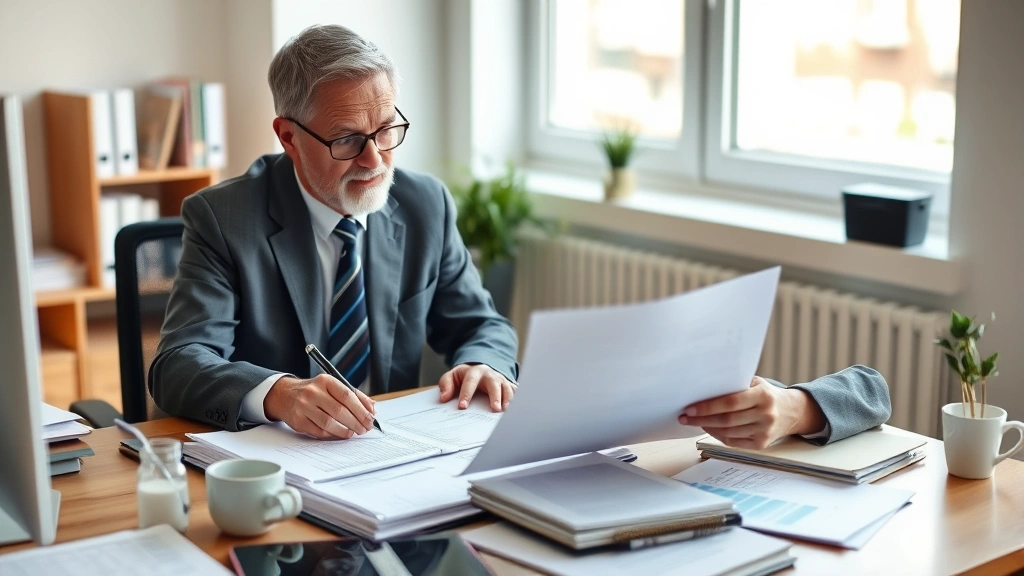 Successful mature professional reviewing financial documents and retirement planning materials at desk with coffee, natural window light, organized workspace reflecting financial success