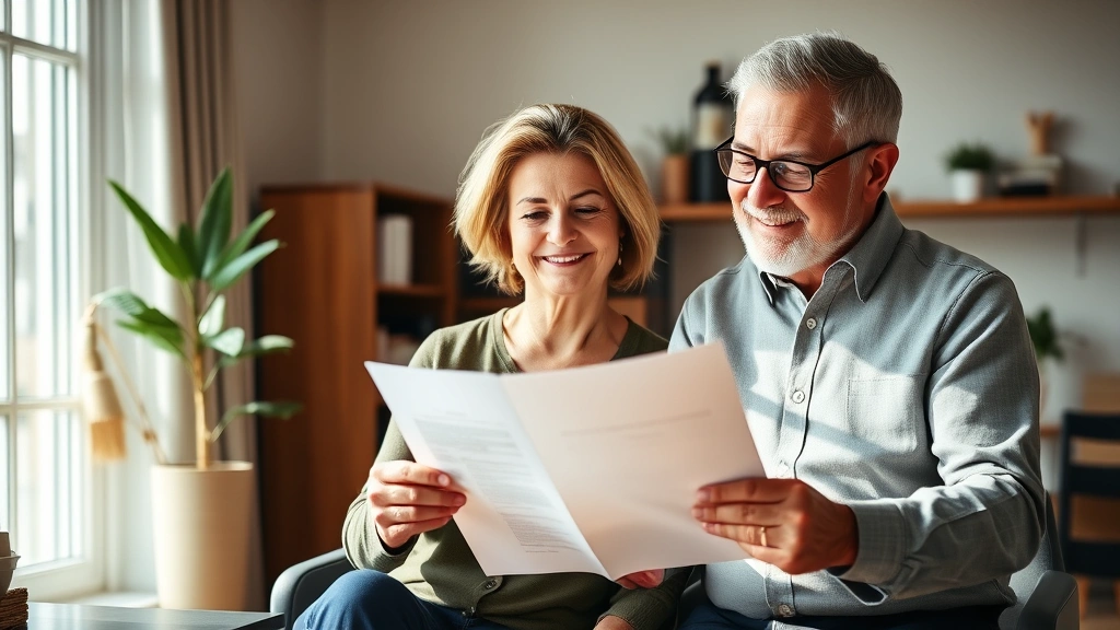 Professional senior couple reviewing insurance documents together at home, smiling confidently, natural lighting from window, warm home office setting with desk