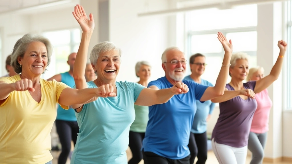 Diverse group of healthy seniors exercising together in gym or fitness class, active and engaged, bright modern fitness facility, positive energy