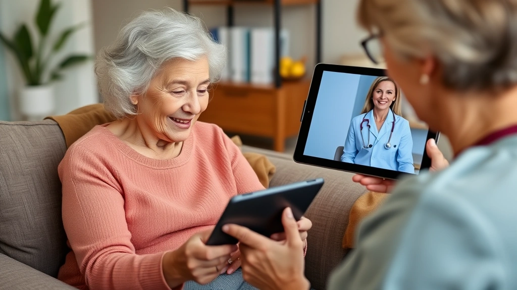 Senior woman having telehealth consultation on tablet with healthcare provider, comfortable at home, professional medical setting visible on screen, caring interaction