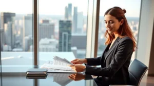 Professional woman in business attire reviewing financial documents at modern glass desk with cityscape visible through floor-to-ceiling windows, natural lighting, confident expression, wealth and success ambiance