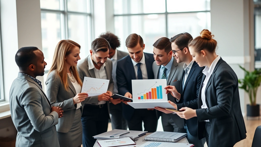 Diverse group of professionals in business casual clothing collaborating around tablet and papers showing growth charts and financial planning, modern office setting, natural daylight, teamwork and planning theme