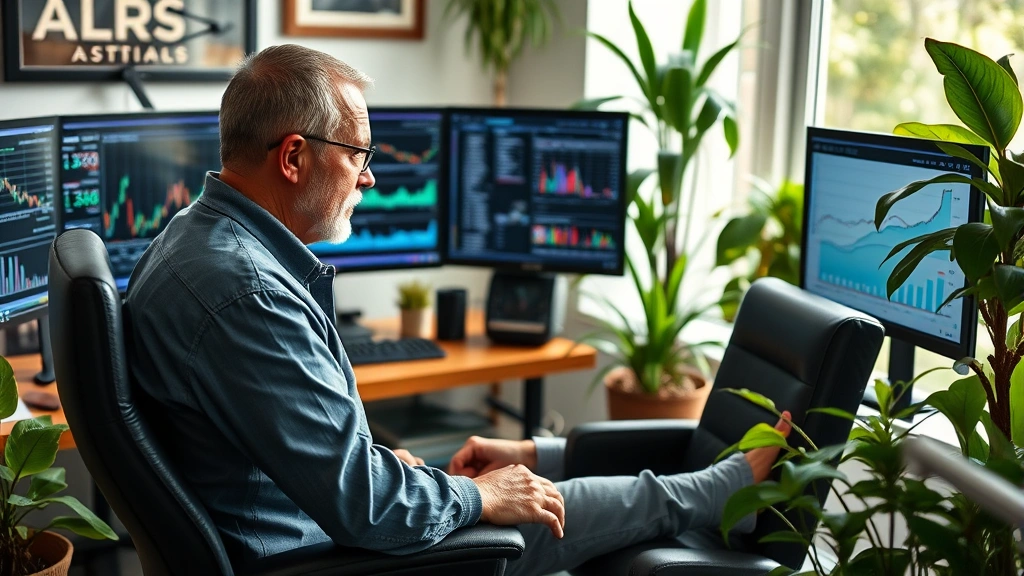 Mature investor sitting in comfortable home office surrounded by plants, reviewing investment portfolio on multiple monitors, calm and focused demeanor, peaceful wealth-building environment