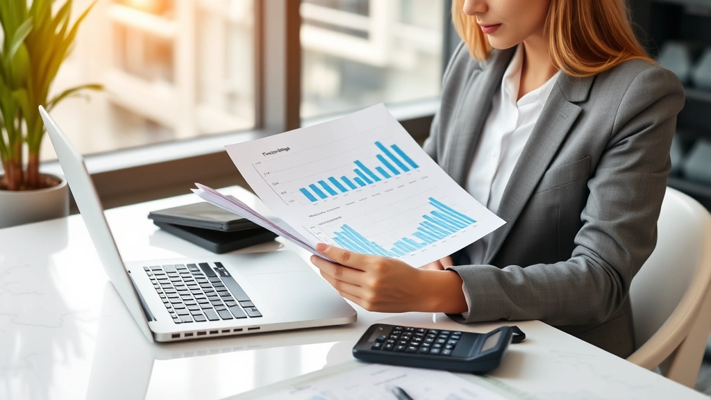 Professional woman in business attire reviewing financial documents and investment portfolio on modern desk with laptop and calculator
