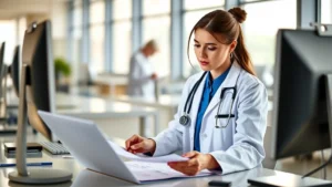 Professional female healthcare worker in white coat and stethoscope reviewing medical charts at modern hospital workstation with colleague in background, natural daylight from windows, warm professional atmosphere