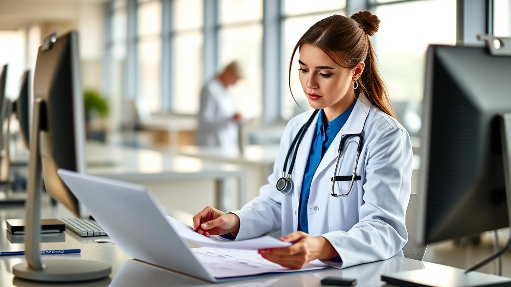 Professional female healthcare worker in white coat and stethoscope reviewing medical charts at modern hospital workstation with colleague in background, natural daylight from windows, warm professional atmosphere