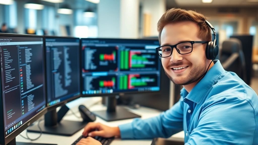 Professional IT technician working at computer desk with multiple monitors displaying system diagnostics, confident expression, modern office environment, focused on technical work