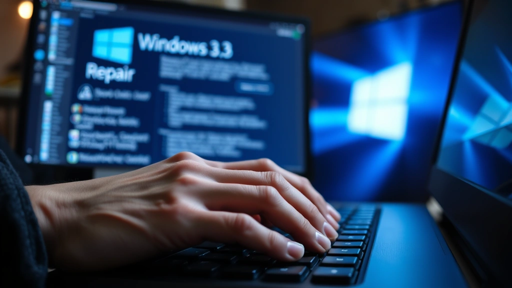 Close-up of hands typing on keyboard with Windows system repair interface visible on monitor screen, blue light from display, professional tech support setting