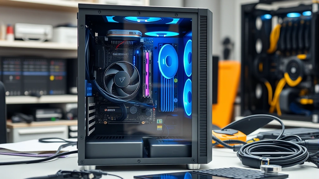 Computer system tower with internal components visible, circuit board details, professional technology workspace with network cables and hardware maintenance tools