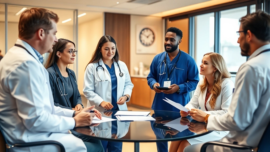 Professional healthcare team meeting in modern clinic office discussing patient care coordination and treatment planning with warm lighting and diverse medical professionals