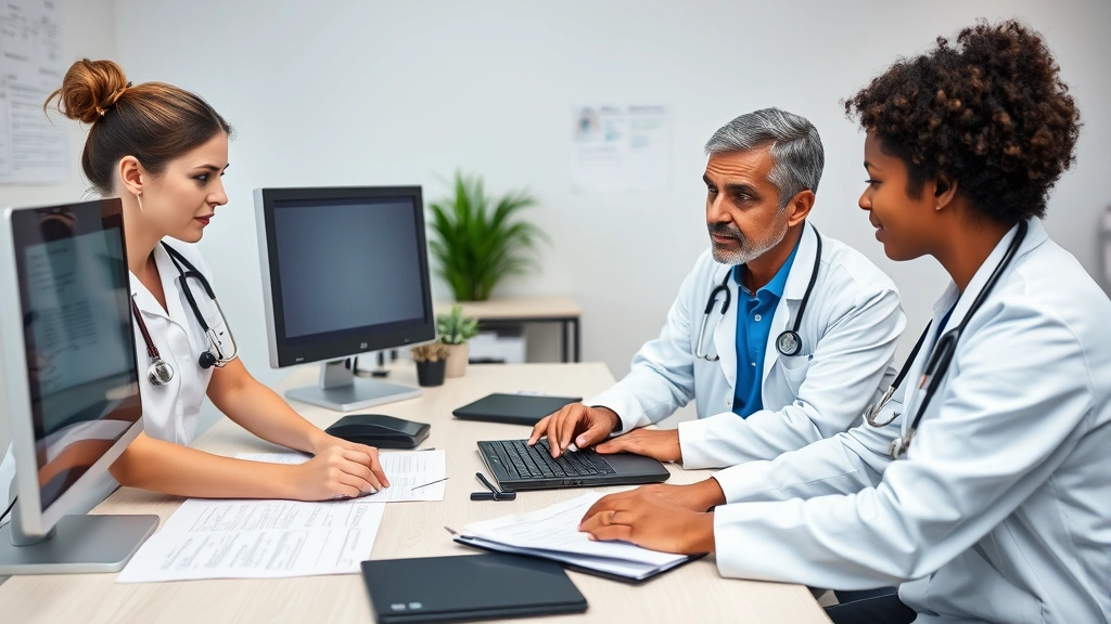 Healthcare professionals collaborating at integrated care clinic desk reviewing patient records with computers and medical documents showing coordinated behavioral and primary health management