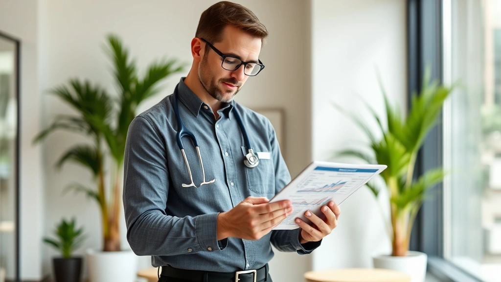 Professional healthcare worker in modern office reviewing financial documents and investment portfolio on tablet, confident and focused, natural lighting, contemporary workspace with plants