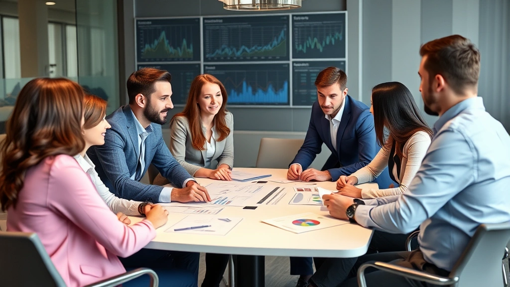 Diverse group of professionals in business casual attire discussing investment strategy around a modern conference table with charts and financial data visible in background, collaborative atmosphere