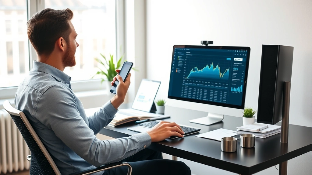 Individual sitting at desk with computer showing investment dashboard, holding a phone, surrounded by financial planning materials, natural daylight from window, modern minimalist office setting