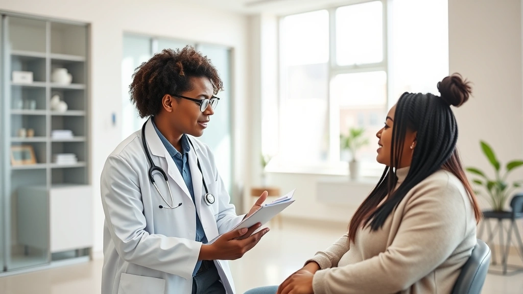 Professional healthcare provider in white coat consulting with diverse patient in modern, bright medical office with natural lighting and contemporary furnishings