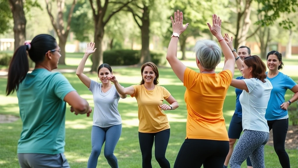 Group of diverse adults participating in outdoor fitness class in park setting, demonstrating community wellness and preventive health activities