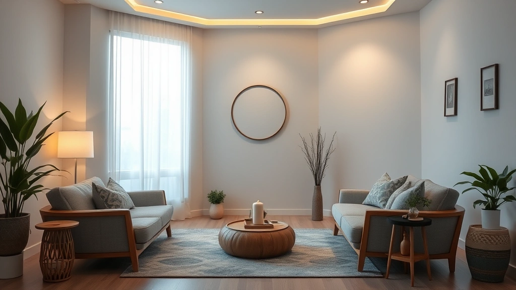 Calm meditation or wellness space with comfortable seating, soft lighting, and peaceful atmosphere representing mental health and stress management support