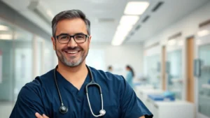 Professional healthcare worker in clinical setting with stethoscope, confident expression, modern medical facility background, natural lighting, prosperous appearance
