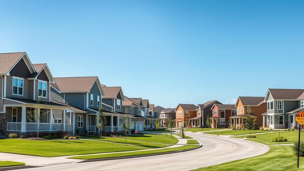 Modern residential neighborhood in Iowa with attractive homes, manicured lawns, peaceful setting, clear blue sky, suburban prosperity aesthetic