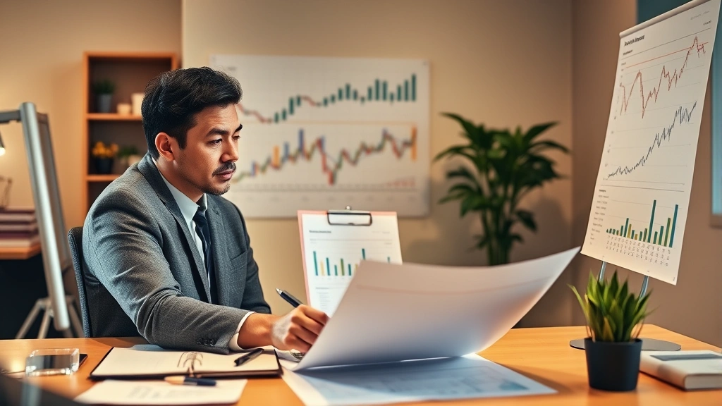 Diverse professional sitting at desk reviewing financial documents and investment charts, warm office lighting, successful wealth-building visualization, no actual numbers visible