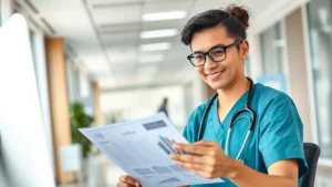 Professional healthcare worker in modern hospital setting reviewing financial documents and investment portfolio on computer, confident expression, natural lighting, diverse representation, modern office environment