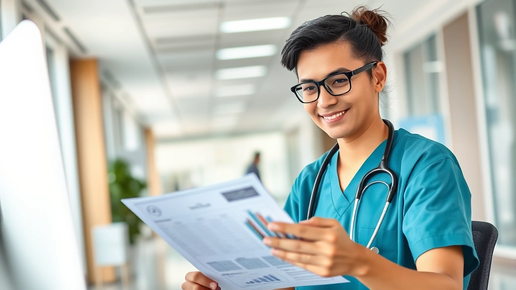 Professional healthcare worker in modern hospital setting reviewing financial documents and investment portfolio on computer, confident expression, natural lighting, diverse representation, modern office environment