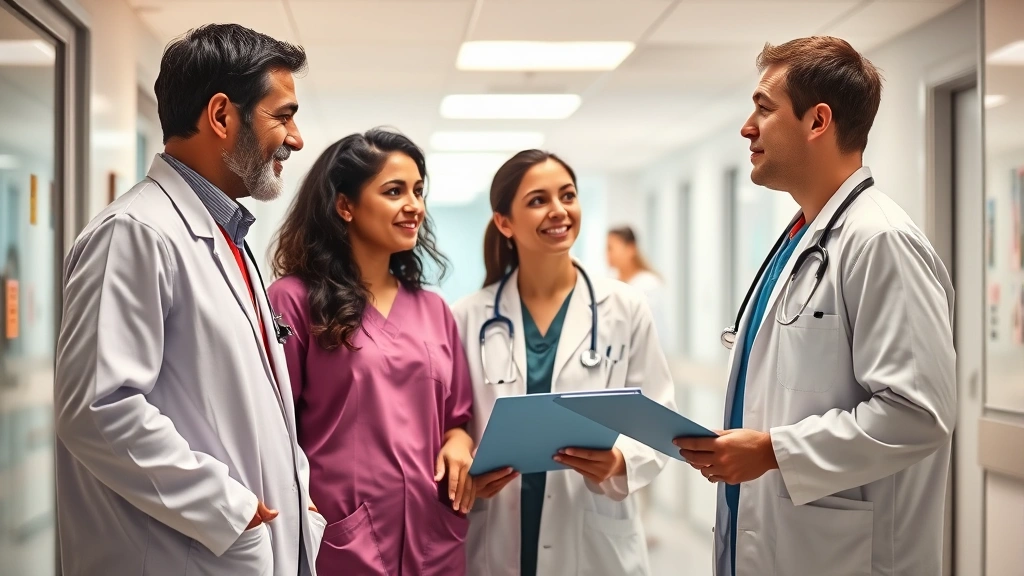 Diverse group of healthcare professionals (doctor, nurse, physician assistant) in clinical setting discussing career advancement, collaborative atmosphere, modern medical facility background, warm professional lighting