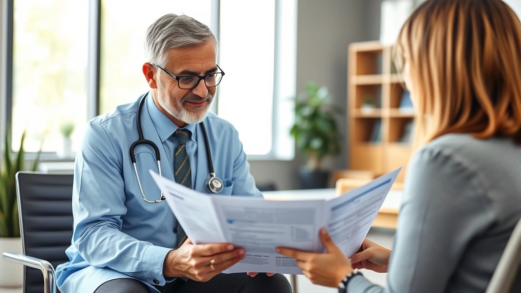 Healthcare professional reviewing long-term financial plan with advisor, retirement planning documents visible, modern office setting, confident professional demeanor, diverse representation, natural daylight through windows