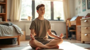 Young college student meditating peacefully in dorm room with natural sunlight streaming through window, sitting cross-legged on floor with calm expression