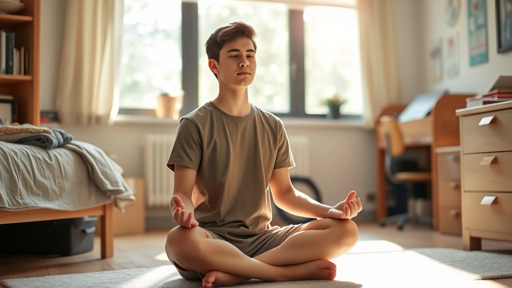 Young college student meditating peacefully in dorm room with natural sunlight streaming through window, sitting cross-legged on floor with calm expression