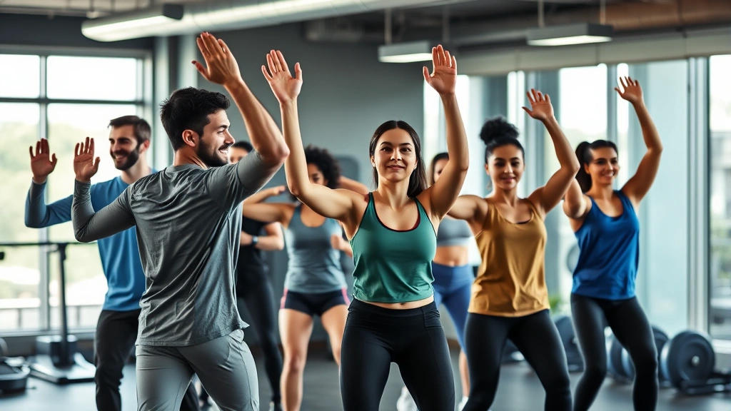 Diverse group of university students exercising together in modern fitness facility, doing group fitness class with instructor, energetic and motivated