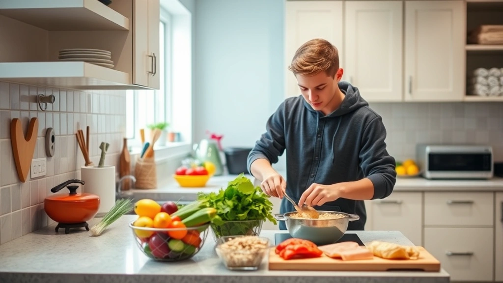 College student preparing healthy meal in dormitory kitchen with fresh vegetables, whole grains, and lean protein on counter, bright and organized space