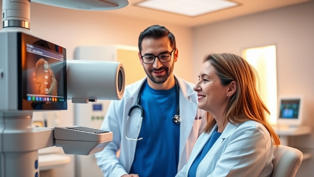 Professional healthcare worker in modern medical facility examining patient with advanced diagnostic equipment, warm lighting, confident expression, clinical setting with contemporary technology