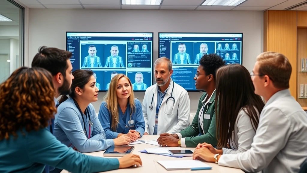 Diverse healthcare team collaborating in hospital conference room reviewing patient data on screens, collaborative atmosphere, modern healthcare environment with professional attire